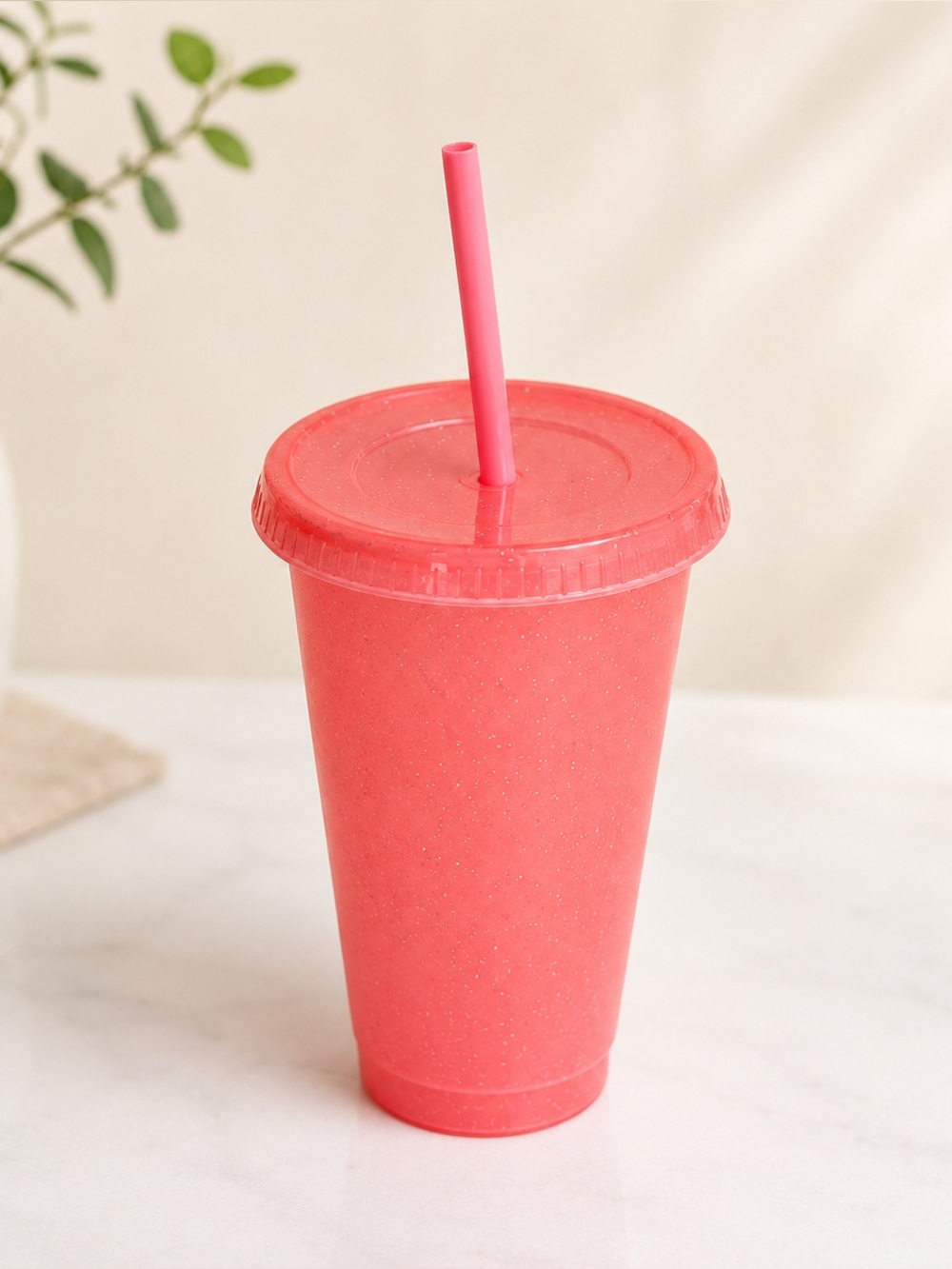 Glittery Pink Reusable Tumbler with Straw & Lid